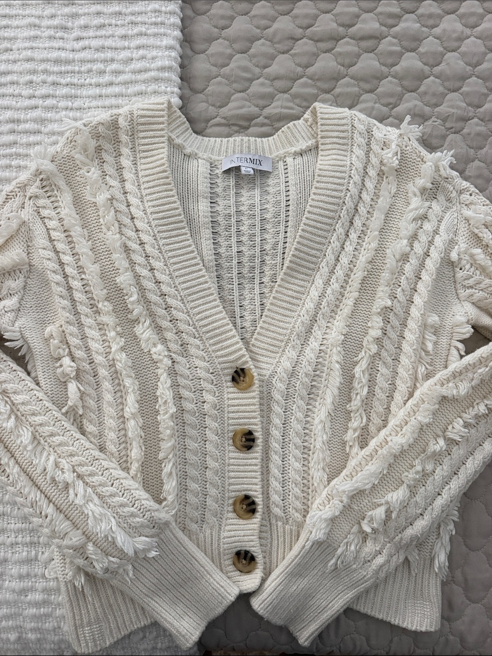 INTERMIX Cream Textured Fringe Knit Cardigan